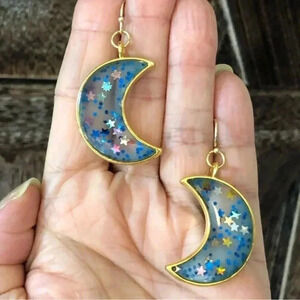 Moon Blue Stars Handmade Resin Glitter Gold Tone Earrings New NWT